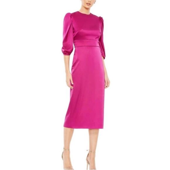 Mac Duggal 26927 Size 14 Fuchsia Pink Satin High Neck 3/4 Sleeves Midi Dress - Picture 1 of 4